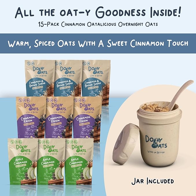 Dozy Oats Overnight Oatmeal Packets Cinnamon Oatalicious Variety Box with Rolled Oats Chia Seeds Date Powder and Dried Fruit. Gluten-Free Natural Source of Protein and Fiber 9-Pack and Jar
