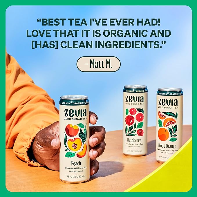 Zevia Zero Sugar Tea Black Tea with Peach 12 oz Cans (12-Pack) – Naturally Sweetened Zero Calorie Sugar Free - Non-GMO Project Verified Gluten-Free Vegan