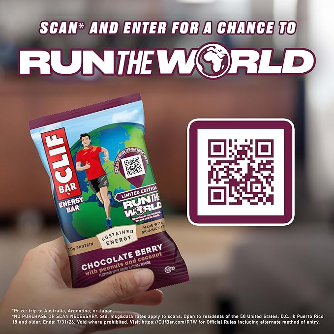CLIF BAR – Energy Protein Bars – Limited Edition Run the World - Chocolate Berry - Made with Organic Oats - Energy Bars - Non-GMO (12 Pack)