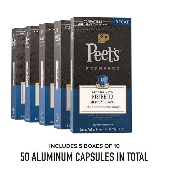 Peet's Coffee Medium Roast Decaf Espresso Capsules Compatible with Nespresso Original Machine Decaffeinated Arabica Coffee - Decaf Ristretto Intensity 10 50 CT (5 Boxes of 10 Espresso Capsules)