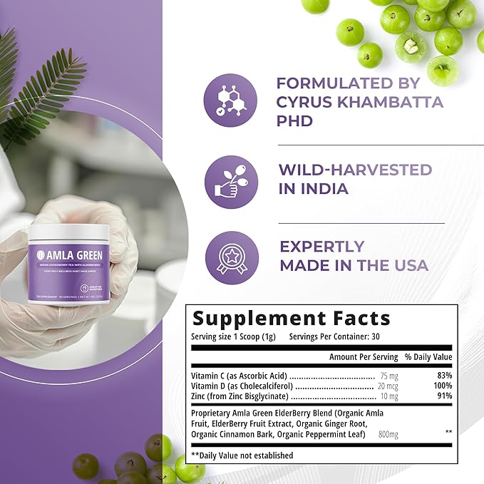 Amla Powder &amp Immunity Blend Superfood Supplement with Elderberry 20x Ultra Concentrated Amla Immune Support Made with Ginger Cinnamon Peppermint Indian Gooseberries Immunity 30 Servings