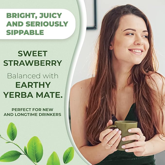 Yerba Mate Instant Tea Powder - 3-In-1 Super Drink - Clean Energy - Formulated With Nootropics To Boost Focus &amp Clarity - With Prebiotics &amp Probiotics To Boost Gut Health | Strawberry Matcha -