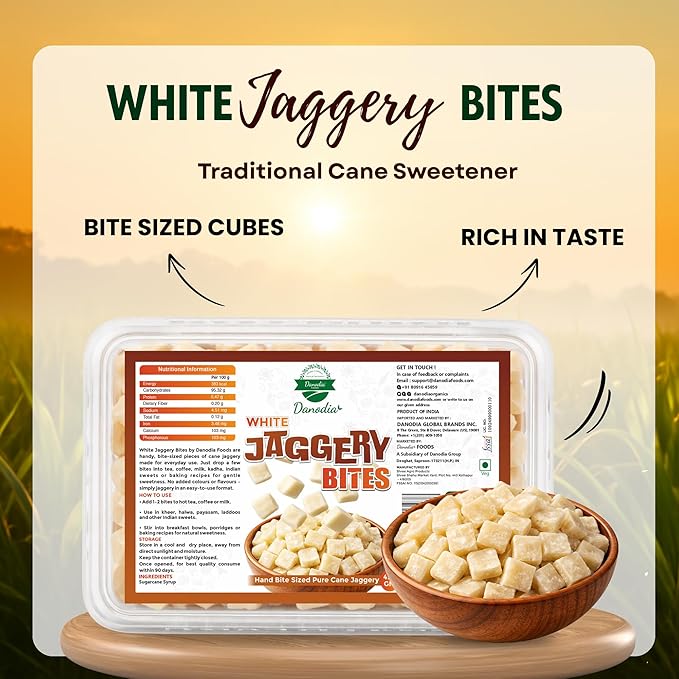 Danodia Foods Snackable White Jaggery Bites 1 lb (450g) | Pure &amp Natural No Additives Sweetener Vegan &amp Gluten Free | Unrefined &amp Naturally Sweet White Gur
