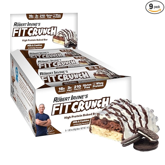 FITCRUNCH Snack Size Protein Bars World’s Only 6-Layer Baked Bar Just 3g of Sugar &amp Soft Cake Core (9 Count Milk &amp Cookies)