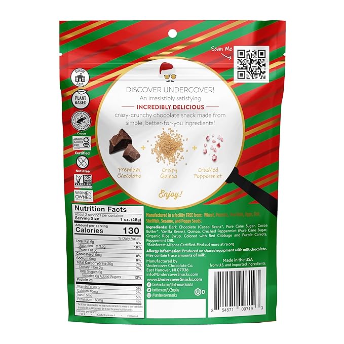 Undercover Chocolate Quinoa Crisps - Dark Chocolate + Peppermint Quinoa Crisps | 8-Pack 2oz Bags | Gluten Free Nut-Free Allergen Friendly Kosher Plant-Based