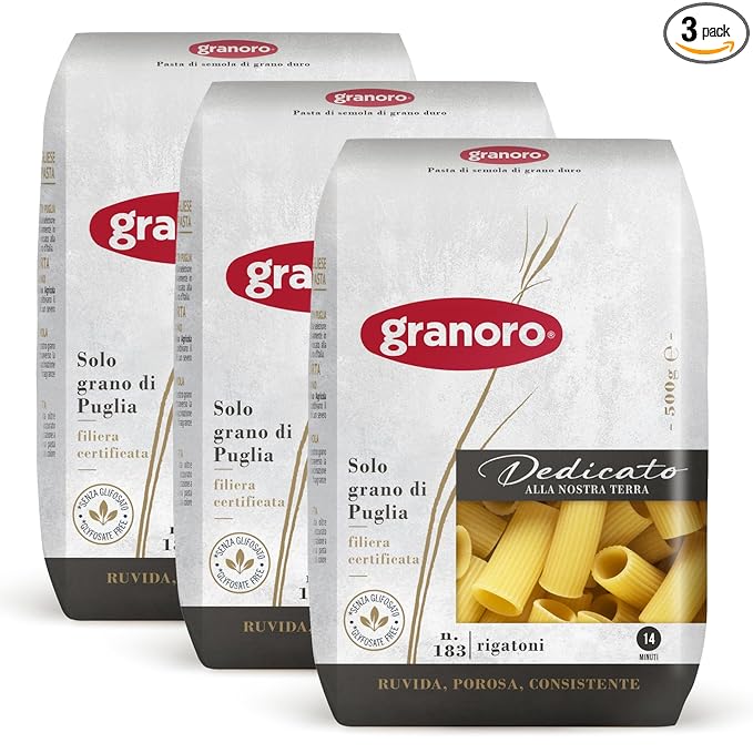 Granoro Dedicato Rigatoni #183 -Authentic Italian Pasta Made from 100% Puglia Durum Wheat Semolina Bronze Die Non-GMO Vegan 1 lb Bags (Pack of 3)