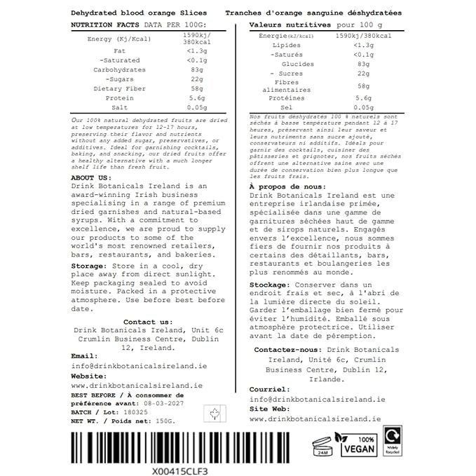 Drink Botanicals Ireland Dried Blood Orange Slices Wheels | 50+ Slices | 100% Natural | For Cocktail Garnishing Wreath Cakes Snacking Infusions Desserts | 5.29 oz 150 Grams | Recyclable PET Jar