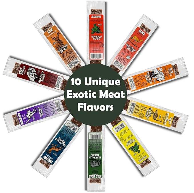 Buffalo Bob's Exotic Jerky Assortment - 10 Flavor Variety Pack - Wild Game Jerky Snack for Adventure Enthusiasts Stocking Stuffer Gift for Men Healthy Snack Gluten Free
