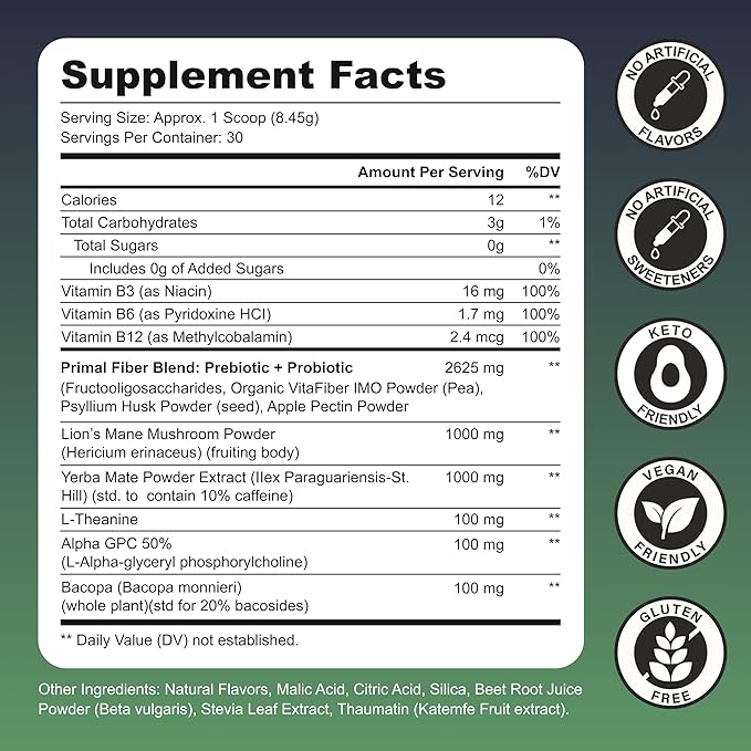 Yerba Mate Instant Tea Powder – Zero Sugar Drink with Nootropics Prebiotics &amp Probiotics for Clean Energy &amp Focus – Coffee Alternative for Mental Clarity &amp Gut Health Support - Strawberry