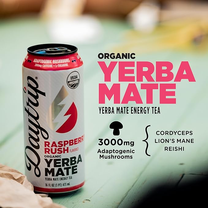 Daytrip Organic Yerba Mate Energy Drink- Clean Plant Based Caffeine (200mg) with Adaptogenic Mushrooms and Green Tea for Focus and Brain Fog - Low Calorie Low Sugar (12 Pack Case)