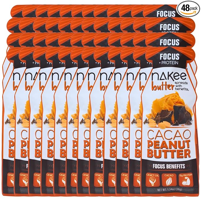 Nakee Butter Focus Cacao Peanut Butter – Keto Protein Spread with C8 MCT Oil12g Protein 48 Pack Gluten-Free