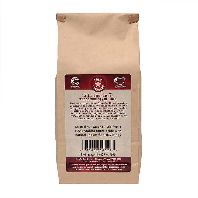 Lola Savannah Caramel Nut Ground Coffee - Sweet Creamy Carmel &amp Nuts Transform This Coffee into a Decadent Dessert | Caffeinated | 2lb Bag