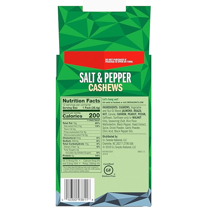Emerald Nuts Salt and Pepper Cashews 12 Ct Box (Pack of 6)
