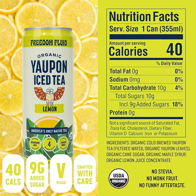 Freedom Fluid Organic Yaupon Iced Tea – Refreshing Lemon | Perfect Fall Beverage | Lightly Sweetened Low Sugar Low Calories Real Brewed Tea Clean Ingredients Antioxidant Rich Natural Caffeine |