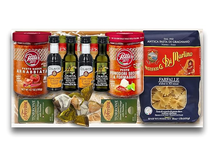 Imported Italian Dinner for Two Meal Kit - Sun-Dried Tomato Pesto Spicy Arrabbiata Pesto Pasta Seasonings and Sweets Gift Box