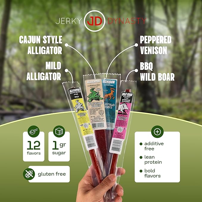 Jerky Dynasty Swamp Mix - 12-Piece Jerky Snack Variety Pack with Beef Venison Wild Boar &amp Alligator - Bold High-Protein Snacks for Outdoor Adventures Gatherings &amp On-the-Go