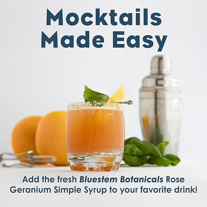 Bluestem Botanicals Organic Rose Geranium Simple Syrup 8 oz Cocktail and Mocktail Mixer for Drinks Non-Alcoholic