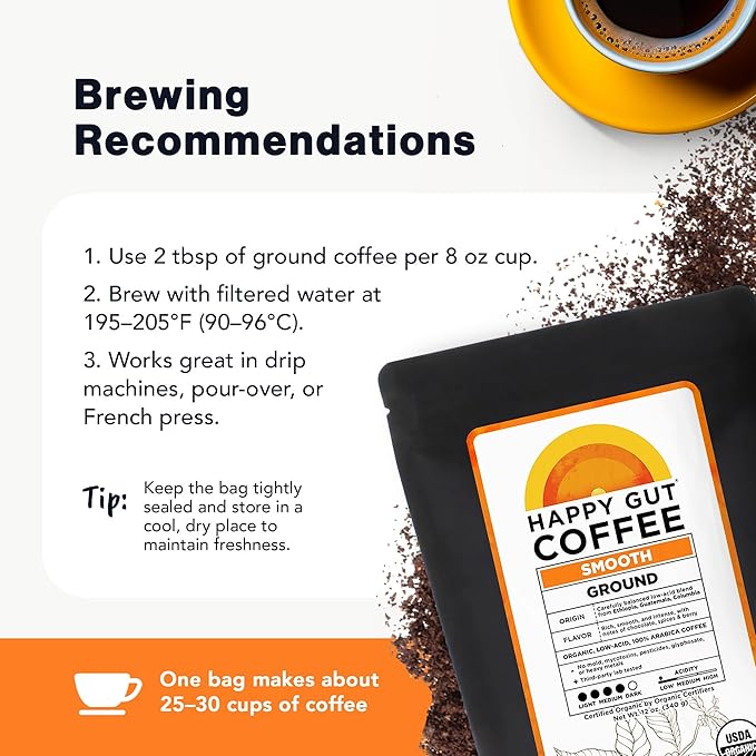 Happy Gut Coffee - Doctor-Formulated Organic Medium-to-Dark Roast Coffee with Gut-Friendly Benefits - Gentle on Stomach - Rich Flavor Gluten-Free No Bitterness - 12oz - SMOOTH - Ground