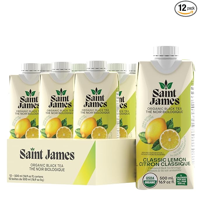 Saint James Organic Black Tea Classic Lemon Zero Sugar Kosher USDA Certified Organic 16.9 Fluid Ounce (Pack of 12)