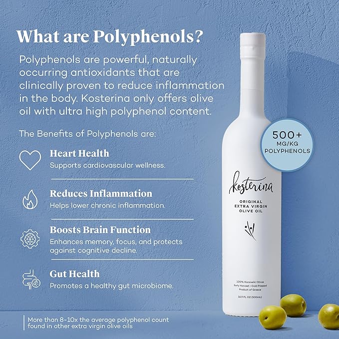 Kosterina Original Extra Virgin Olive Oil | Polyphenol Rich Greek Olive Oil Cold-Pressed EVOO Early Harvest Koroneiki Olives | High Antioxidant Natural Superfood | Harvested in Greece (16.9 oz)