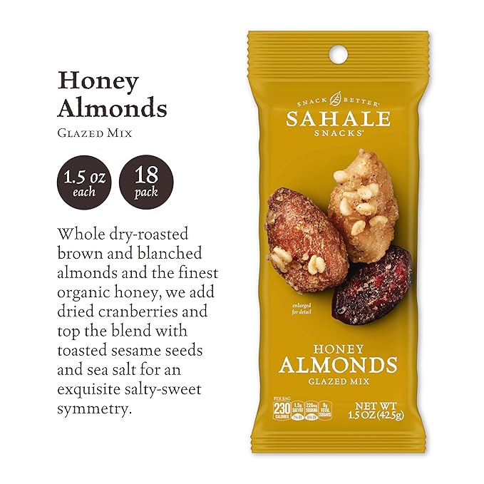 Sahale Snacks Honey Almonds Glazed Mix 1.5 oz Grab &amp Go Bags (18 Packs) - Dry-Roasted Deluxe Mixed Nuts with Tart Cranberries &amp Madagascar Vanilla - Non-GMO Kosher &amp Certified Gluten-Fr