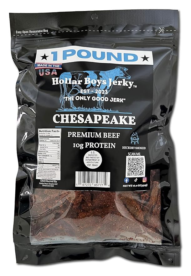 Hollar Boys Snacks Chesapeake Beef Jerky One Pound Resealable Bag Low Carb USA Made