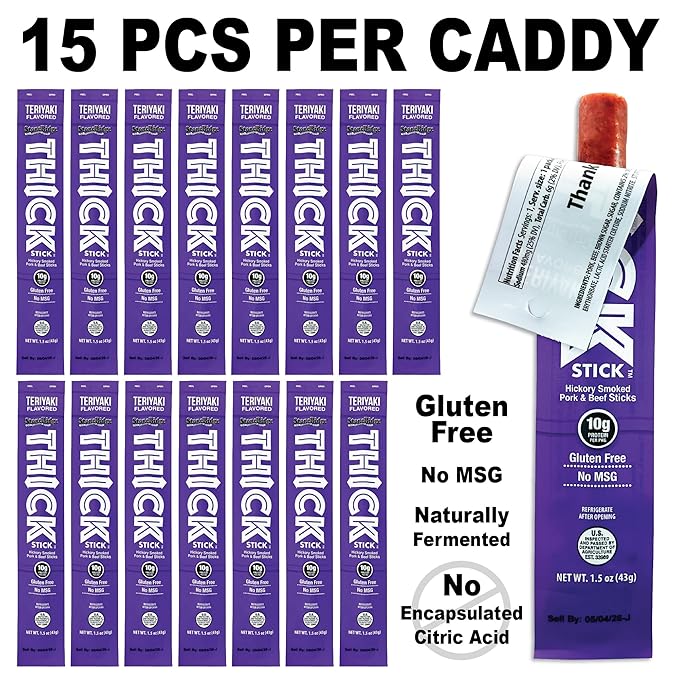 THICK STICK - STONERIDGE OLD-FASHIONED QUALITY TERIYAKI - Hickory Smoked Pork and Beef Snack Sticks Gluten Free No MSG 15 Count THICK 1.5 oz Sticks High Protein Soy Free 15 Count