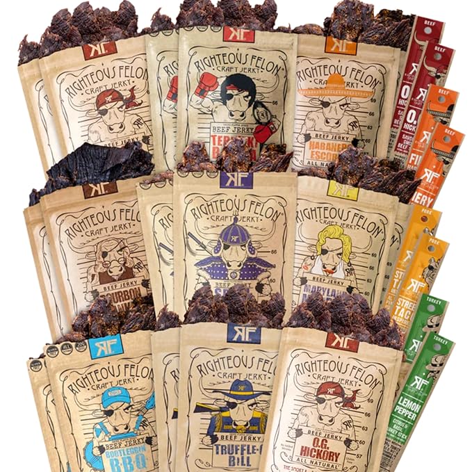 Righteous Felon Beef Jerky and Meat Sticks Variety Pack High Protein Low Carb Low Sugar Gluten Free Healthy Snacks for Adults and Kids Made with Premium Meats Gifts for Men (Noah's Ark 26 Pack)