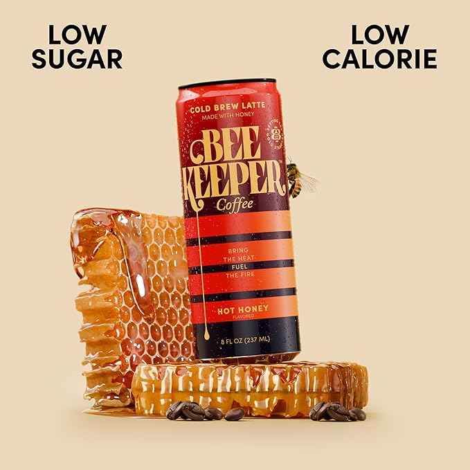 Beekeeper Hot Honey Latte Cold Brew Coffee Drinks with Oregon Honey | 12 Pack Refreshing Iced Coffee - Unsweetened &amp Strong Arabica Brew 8 fl oz Ready-to-Drink Can - 180mg Natural Caffeine