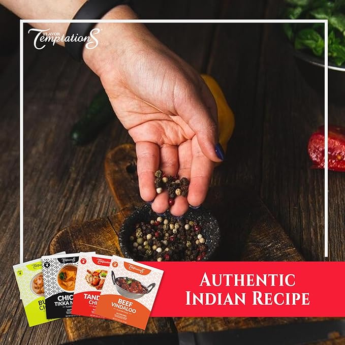 TIKKA MASALA BUTTER CHICKEN TANDOORI CHICKEN BEEF VINDALOO INDIAN FOOD SPICES Beginner Seasoning Set by Flavor Temptations. Gluten free Salt free. 4 Packs (Total 16 Servings)