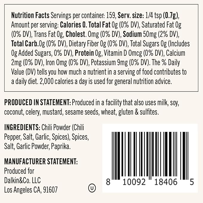 Dalkin &amp Co. Taco Chili Powder Garlic &amp Smoky Paprika Blend Southwestern Cooking Seasoning for Pantry &amp Kitchen 3.9 oz Eco Friendly Reusable Jar Clean Flavor with No Fillers or Additi