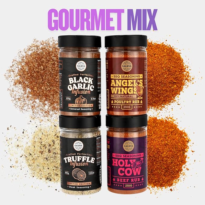 Premium BBQ Rub Gift Set - Holy Cow Angel’s Wings Black Garlic Truffle Infusion BBQ Rubs | Pack of 4 | 100% Natural | Spice Gift For Foodie