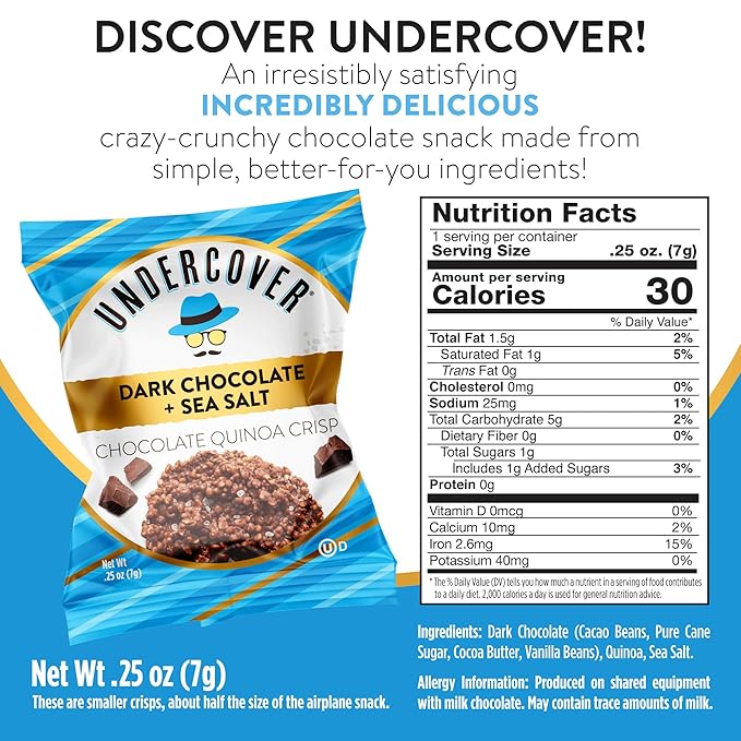 Undercover Snacks Chocolate Quinoa Crisps Snacks - Dark Chocolate + Sea Salt | 70-Count Individually Wrapped Crisps | Gluten Free Nut-Free Allergen Friendly Kosher Plant-Based NOT AIRLINE SIZE