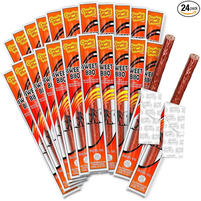 Country Meats Meat Sticks 0 Trans Fat USDA Certified Good Source of Protein Carb Conscious Snack (24 Meat Sticks Sweet BBQ)