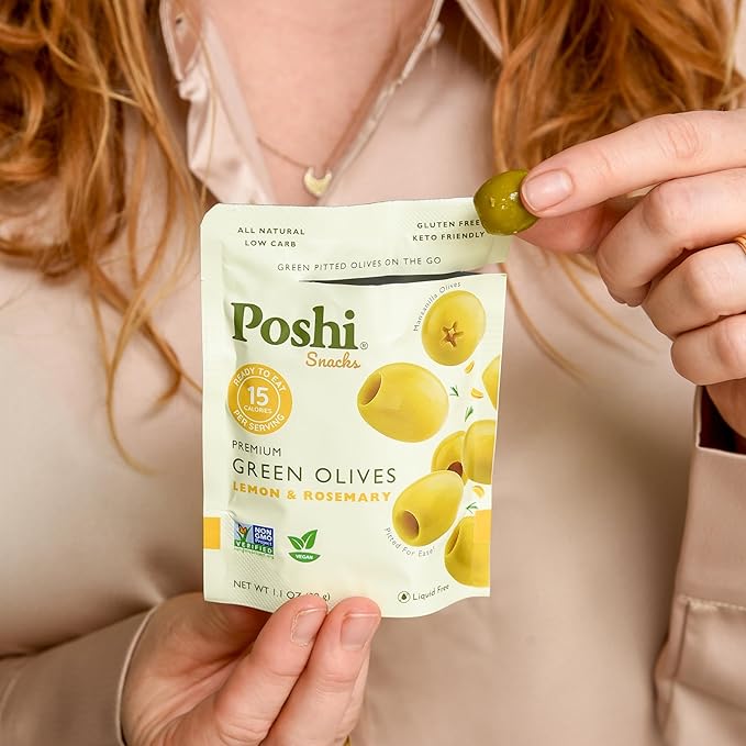 Poshi Green Pitted Olives | Lemon &amp Rosemary | Vegan Kosher Gluten Free + Keto Friendly Fresh All Natural Low Calorie Healthy Snacks | (30 Pack 1.1oz Bags)