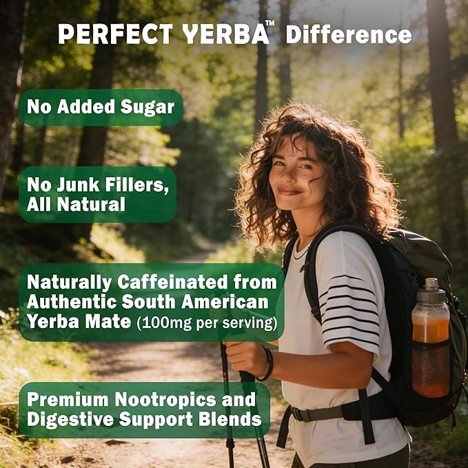 Perfect Yerba Instant Yerba Mate Tea Powder Drink – Mango Peach – Clean Energy + Focus + Gut Support (100mg Natural Caffeine Lion’s Mane L-Theanine Prebiotic + Probiotic + Enzymes) – 0g Sugar 30 S