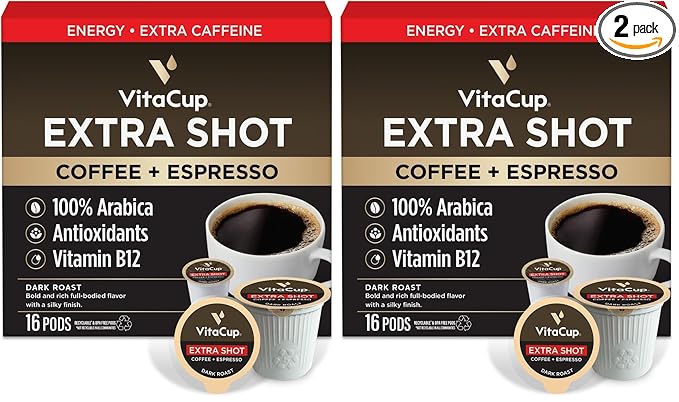 VitaCup Extra Shot Strong Coffee Pods Bold &amp Intense Dark Roast w/Espresso Shot High Caffeine Vitamin B12 Antioxidants Recyclable Single Serve Pod Compatible w/Keurig K-Cup Brewers 16ct