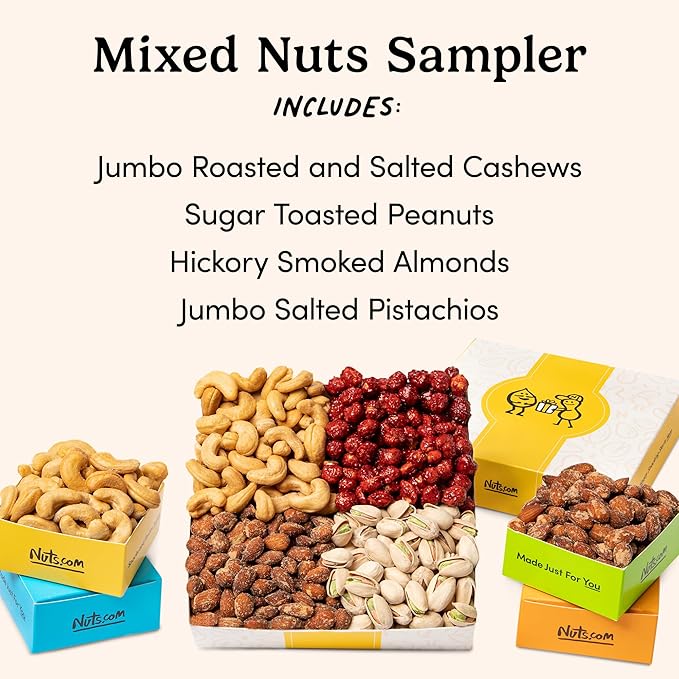 Nuts.com Mixed Nut Sampler – Variety Snack Box for Festive Gifts – 1.25Lb Gift Package Includes Pistachios Peanuts Hickory Smoked Almonds Roasted and Salted Cashews