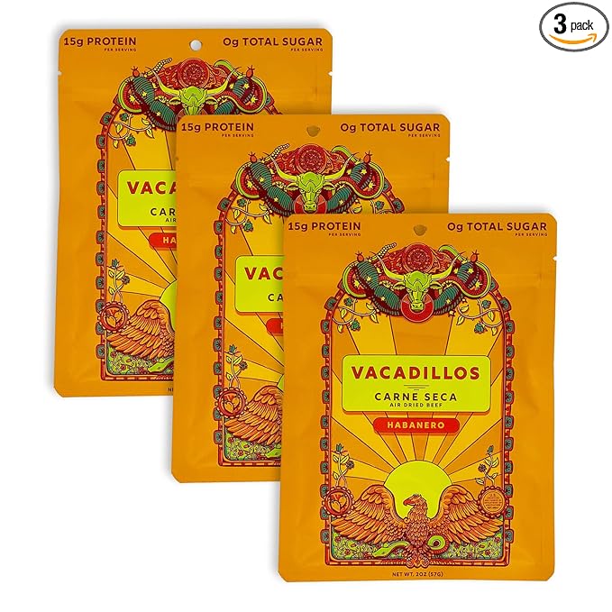 Vacadillos Beef Jerky Snack Packs Carne Seca Habanero 3-Pack