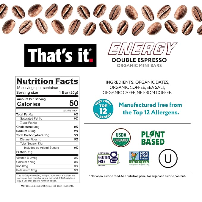 That’s it. Organic Energy Coffee Mini Bars - (1 Mini Bar = 2 Espresso Shots) Grab and Go No Added Sugars Non-GMO Caffeine Power Snack Kosher Allergy Friendly (Double Espresso - 15 Count)