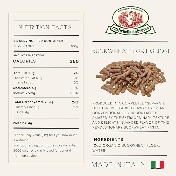 Rustichella d'Abruzzo Organic Buckwheat Tortiglioni (Pack of 3) 250g Each - Gluten-Free Pasta with Distinct Buckwheat Flavor - Artisan Pasta from Italy