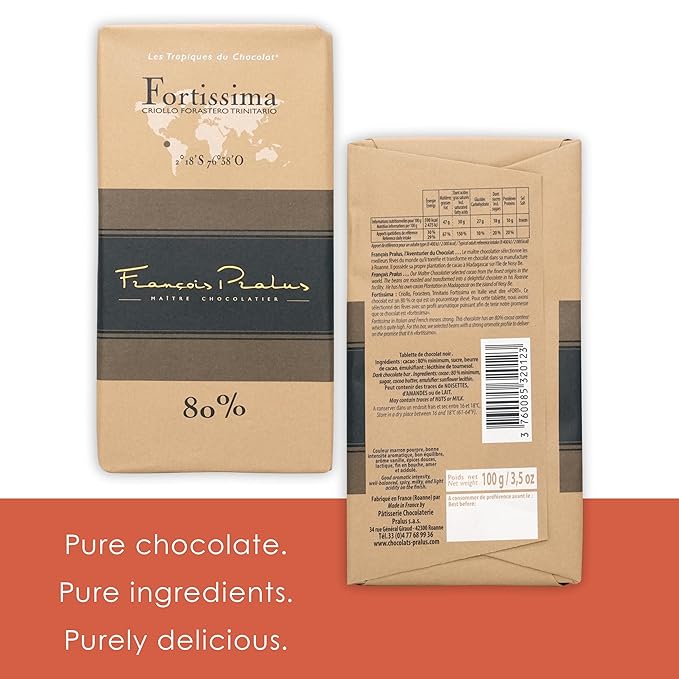 François Pralus Fortissima 80% Dark Chocolate 5 Pack - French Chocolate - Bean-to-Bar Direct Trade - Vegan Gluten-Free Soy-Free - Bundle