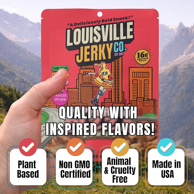 Louisville Vegan Jerky – Pepperoni Pizza Vegan and Vegetarian Friendly Meat - Lip-Smacking Jerky - Gluten-Free High Protein Vegan Snacks 19 grams of Non-GMO Soy Protein - 3 oz 5 Pack