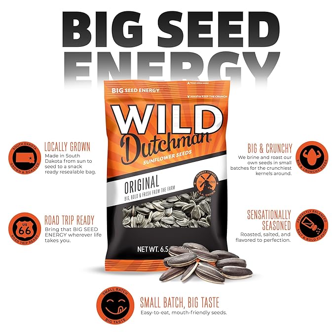 Wild Dutchman Roasted Sunflower Seeds in a Resealable Bag for Ultimate Freshness and an Easy Pour 6 Flavor Variety Snack Pack 5.5 oz (Pack of 6)