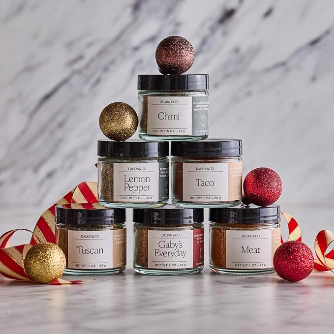 Dalkin &amp Co Mini Seasoning Discovery Set 6 Signature Spice Blends for Cooking and Gifting With Tuscan Chimi Taco Meat Lemon Pepper &amp Gaby’s Everyday Eco Friendly Reusable Jars