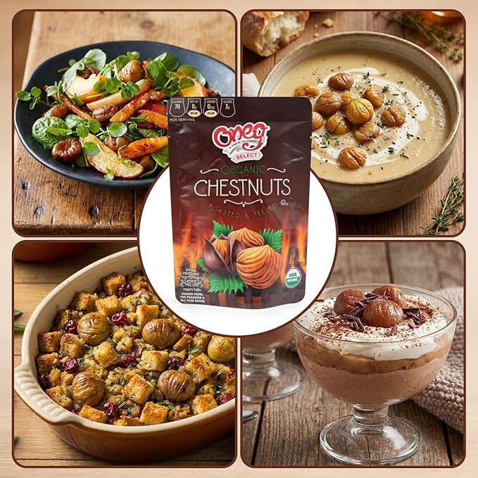Oneg Roasted Chestnuts Peeled and Ready to Eat 6 Pack of Organic Roasted Chestnuts 5.3oz Each Vacuum Packed Perfect for Snacking or Holiday Treats Ideal Peeled for Sharing
