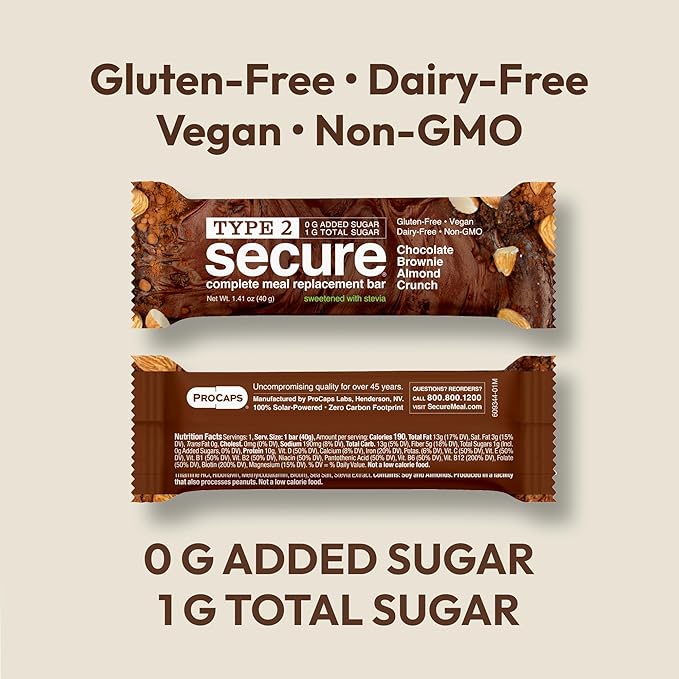 ANDREW LESSMAN Type 2 Secure Complete Meal Replacement Bars (Stevia) – Chocolate Brownie Almond Crunch – 36 ct box – 10g Protein 0g Added Sugar 16 Essential Vitamins &amp Minerals Gluten-Free Veg