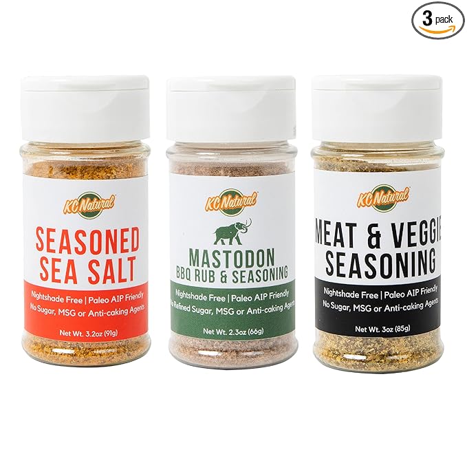 KC Natural - Paleo AIP Seasoning and Salt Bundle (3 Pack) - Mastodon Rub (2.5 oz) Seasoned Sea Salt (2.5 oz) All Purpose Seasoning (2.5 oz)
