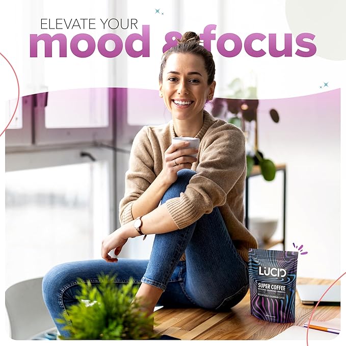 Lucid Superfood Organic Mushroom Coffee with Nootropics - Lion's Mane Tremella Cordyceps &amp Turkey Tail - Instant Mushroom Coffee Focus Brain Health - Alpha GPC L-Theanine Ginko Biloba - USA Ma