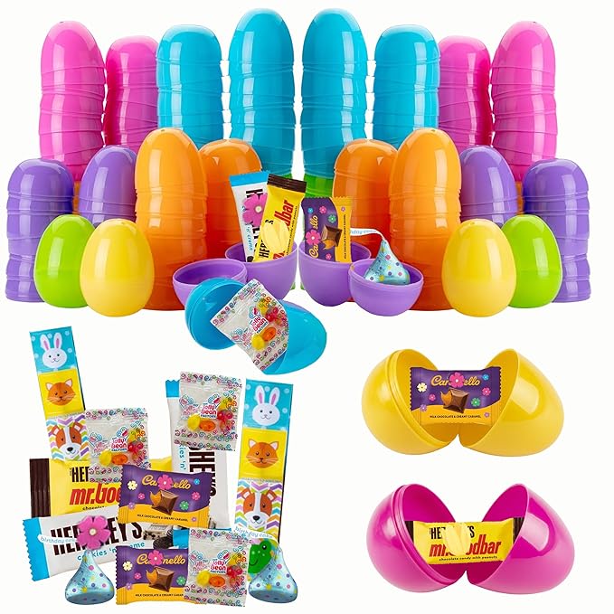 Prefilled Easter Eggs with Candy 50 Count Bulk Assorted Colors Plastic Eggs with Spring Themed Chocolate Candy Mix and Stickers for Egg Hunts Goodie Bags Basket stuffers for Kids Girls and Boys